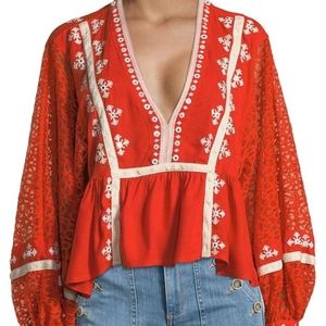 Free People red Boogie all Night peasant blouse